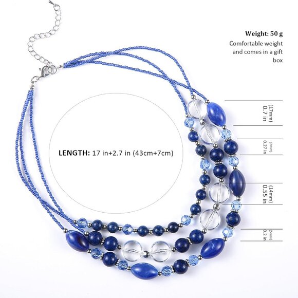 Sapphire multi-strand layered beaded crystal necklace for women with lobster cla - Picture 6 of 7